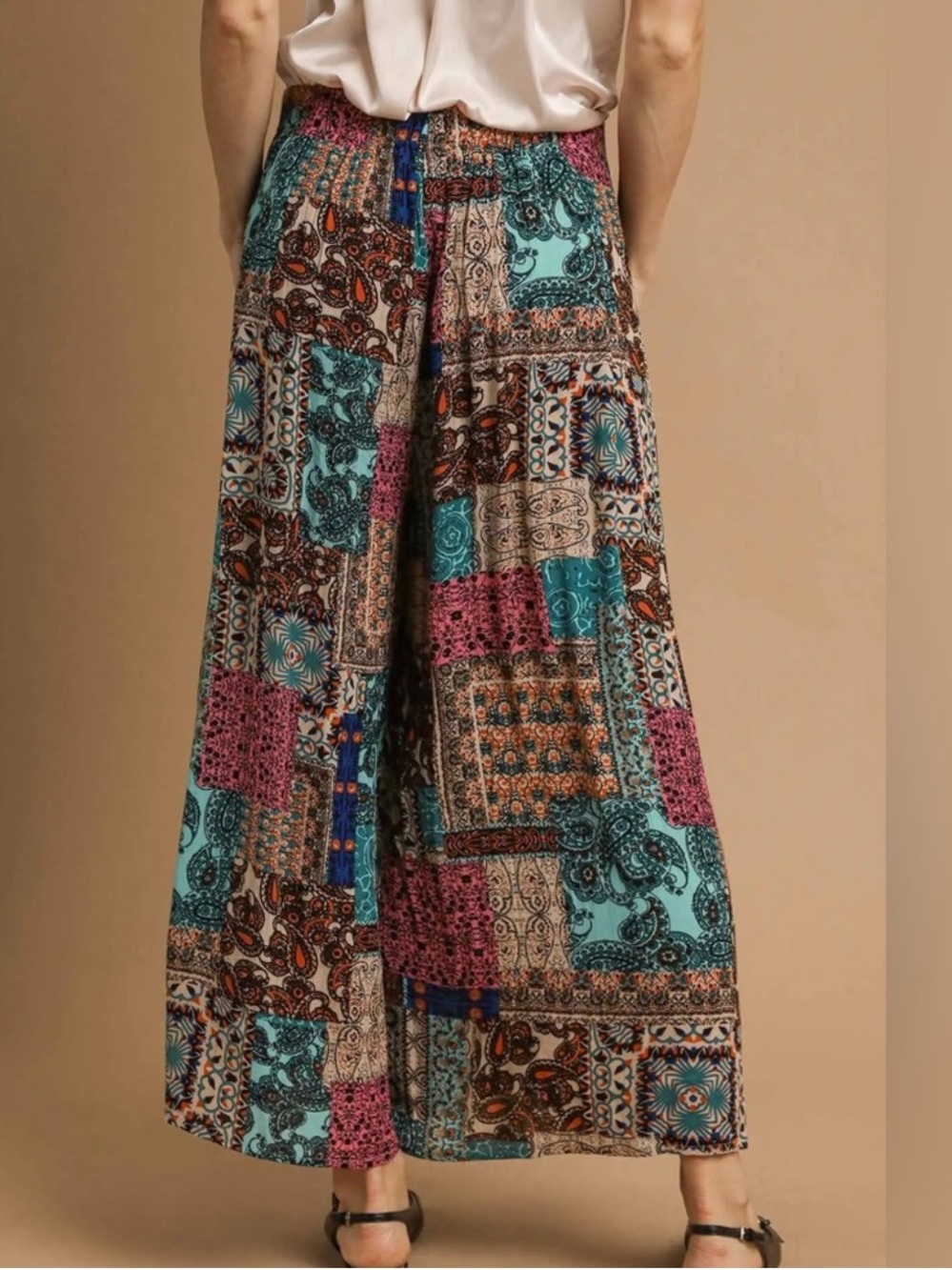 NWT: Boho Mixed Patchwork Print Wide Leg Pants - Picture 3 of 3